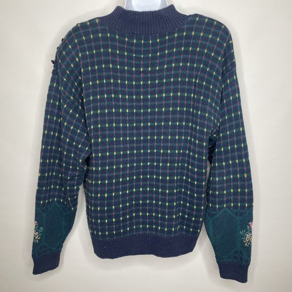 Vintage 80s Ninon de Lenclos Blue Green Check Sweater Floral Embroidered - Picture 5 of 8